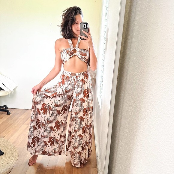 Aakaa Tropical Wide Leg Set Beige Size Small - Picture 6 of 16